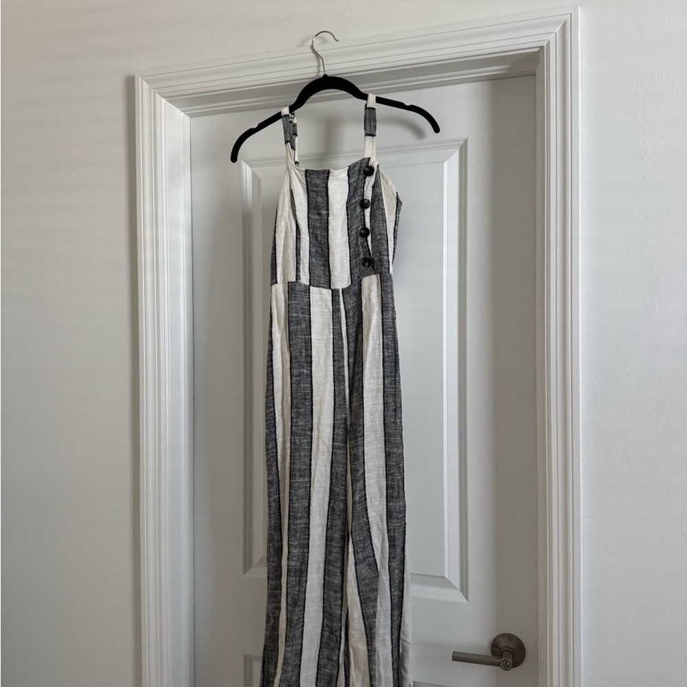 URBAN Romantics Black and White Striped Linen Jumpsuit